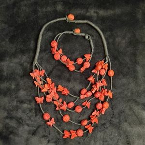 Red butterfly beaded necklace and bracelet